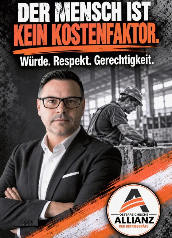 Plakat der Allianz mit Martin Forcher: Der Mensch ist kein Kostenfaktor. Würde. Respekt. Gerechtigkeit.
